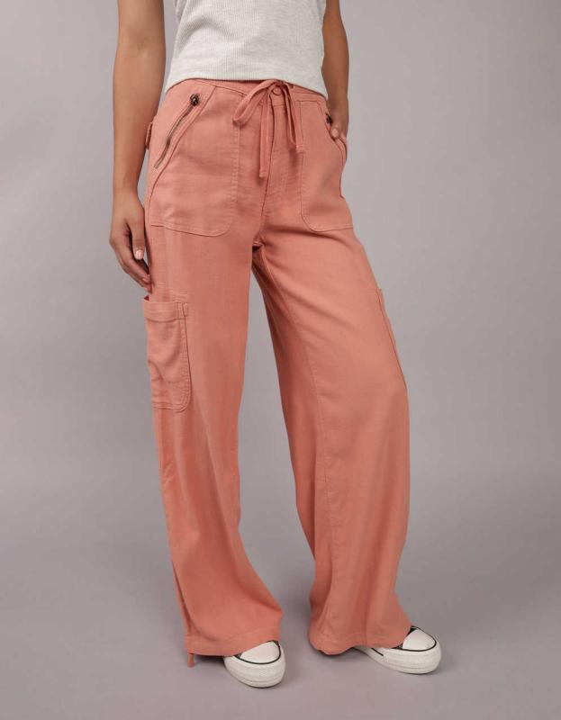 AE Dreamy Drape Linen-Blend Baggy Wide-Leg Cargo Pant - Rose, 8 