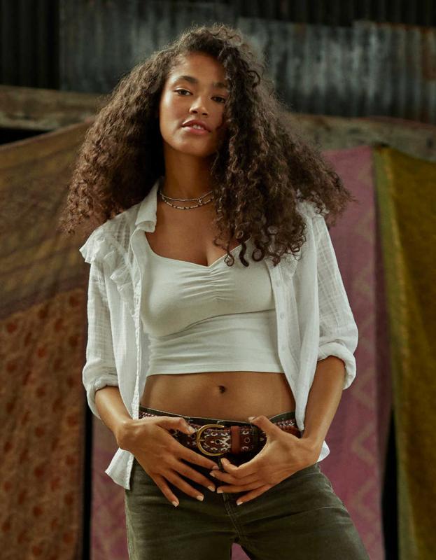 AE Cropped Cinch-Front Tank Top - White, XXS 