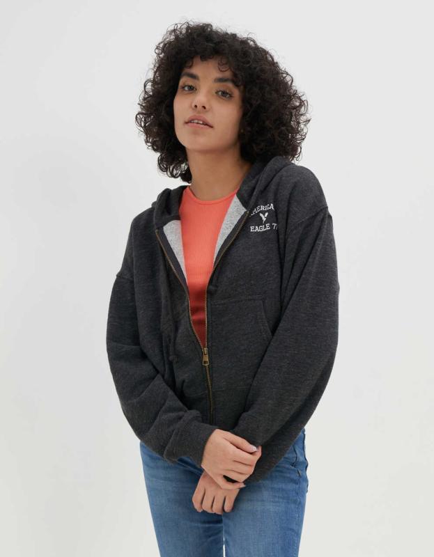 AE Cropped Zip-Up Hoodie - Charcoal Heather Gray, XXS 