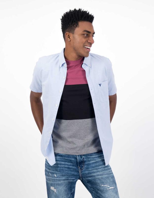 AE Short-Sleeve Everyday Oxford Button-Up Shirt - Blue, L 