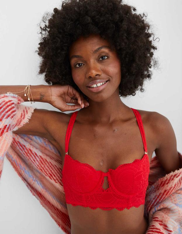 Aerie Real Power Balconette Lightly Lined Slumber Party Lace Bra - Chilly Red, 75A 