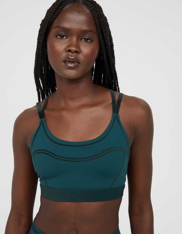 OFFLINE By Aerie Goals Velvet Trim Sports Bra - Deep Forest Green, L 