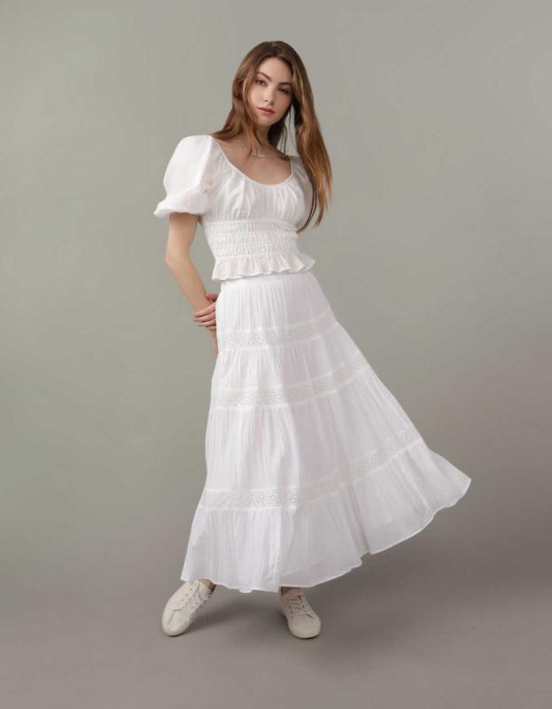 AE Square Neck Smocked Babydoll Blouse - White, XS 