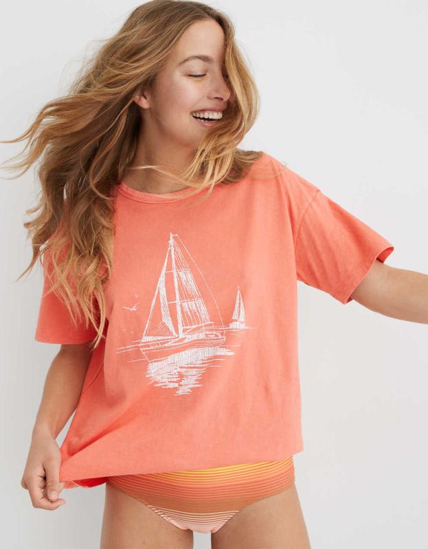 Aerie Distressed Graphic Oversized Boyfriend T-Shirt - Poppy Fun, M 