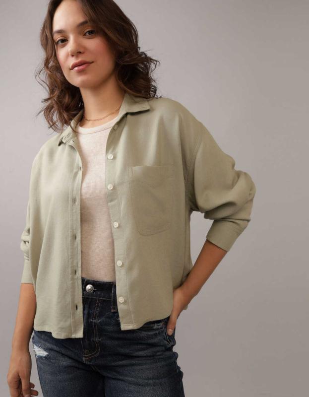 AE Cropped Button Up Shirt - Faded Olive, M 