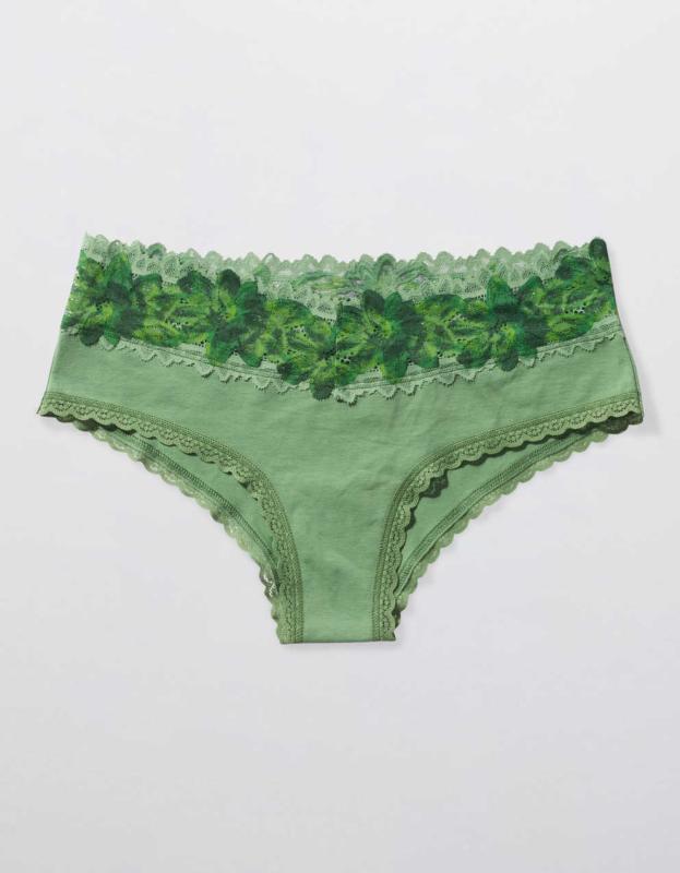 Aerie Cotton Sunkissed Lace Cheeky Underwear - Green Mission, L 