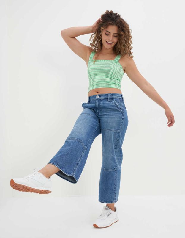 AE Smocked Square Neck Tank Top - Green, XS 