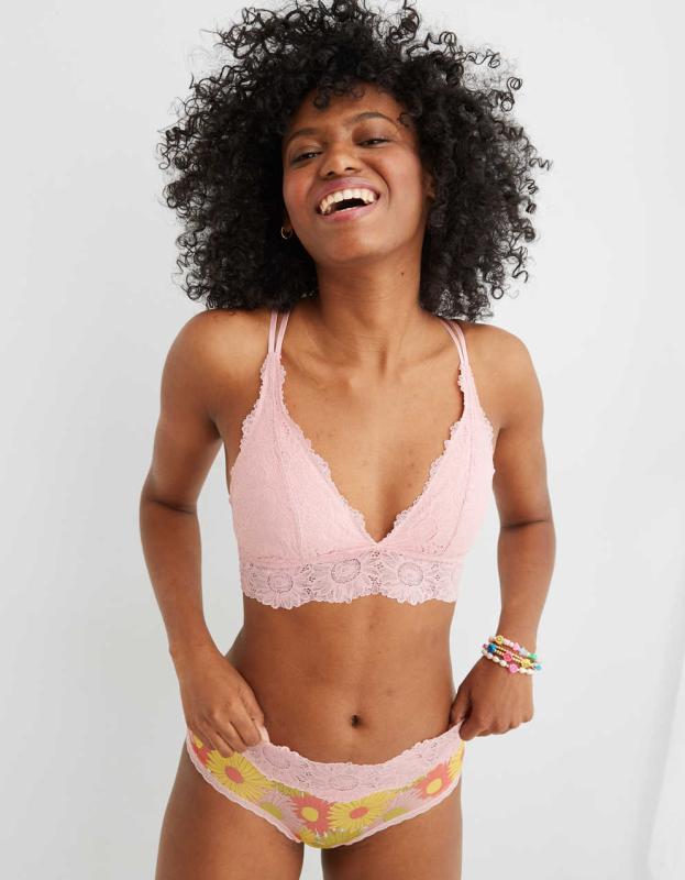 Aerie ANYTIME® Sunflower Lace Padded Plunge Bralette - Quartz Pink, S 