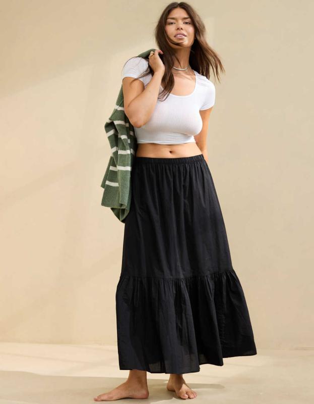 Aerie Poplin Tiered Maxi Skirt - True Black, S 