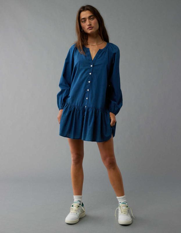 AE Drop Waist Shirt Mini Dress - Medium Wash, L 