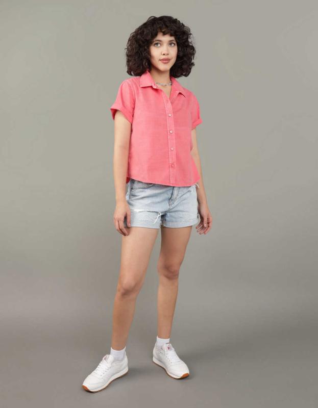 AE Short Sleeve Button Up Shirt - Coral, XS 