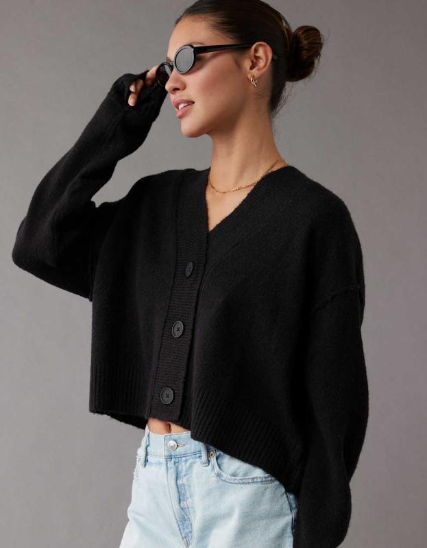 AE Whoa So Soft Cropped Button-Front Cardigan - Bold Black, XXS 