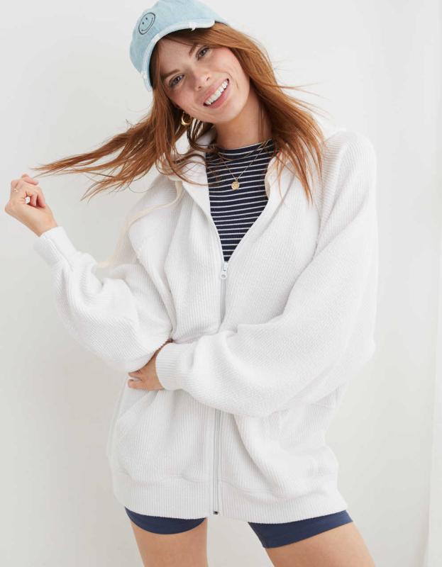 Aerie Wonder Full Zip Textured Hoodie - White, L 