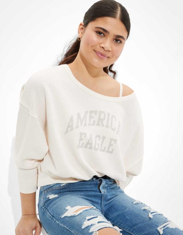 AE Forever Slouchy Cropped Crew Neck Sweatshirt - Toasted Coconut, L 