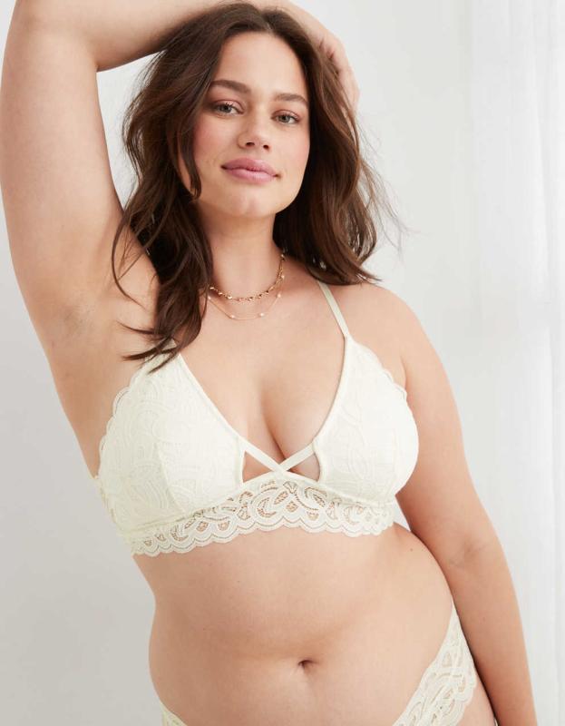 Show Off Rooftop Garden Lace Padded Plunge Bralette - Soft Muslin, S 