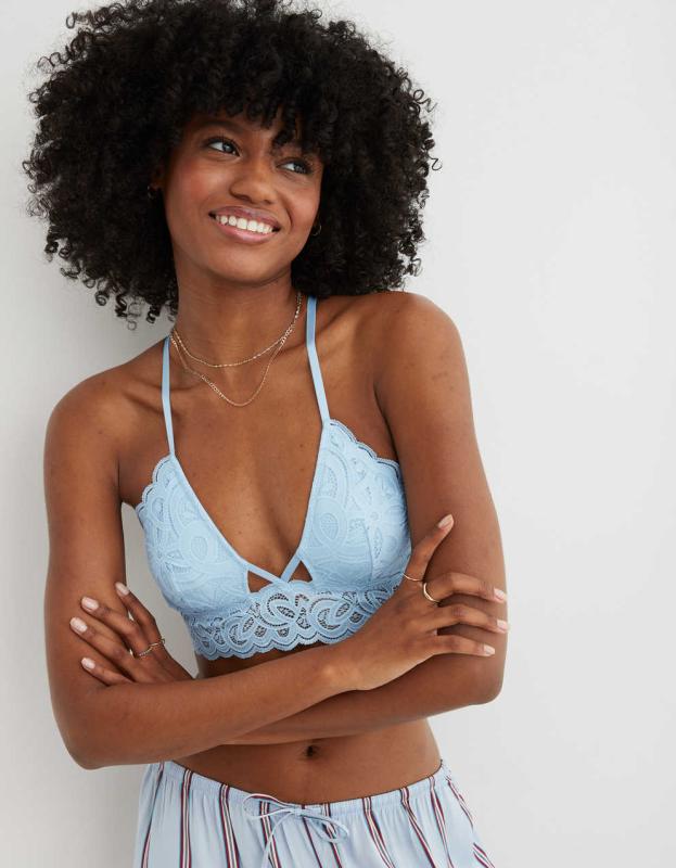 Show Off Rooftop Garden Lace Padded Plunge Bralette - Skyline Blue, M 