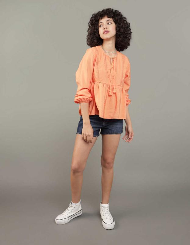 AE Tie-Front Long-Sleeve Peasant Top - Orange, L 