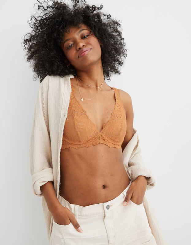 Aerie Real Power Wireless Push Up Sunflower Lace Bra - Stumped Brown, 70B 