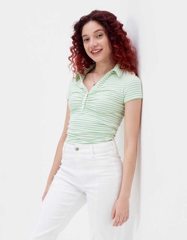AE Ruched Polo Shirt - Green, XS 