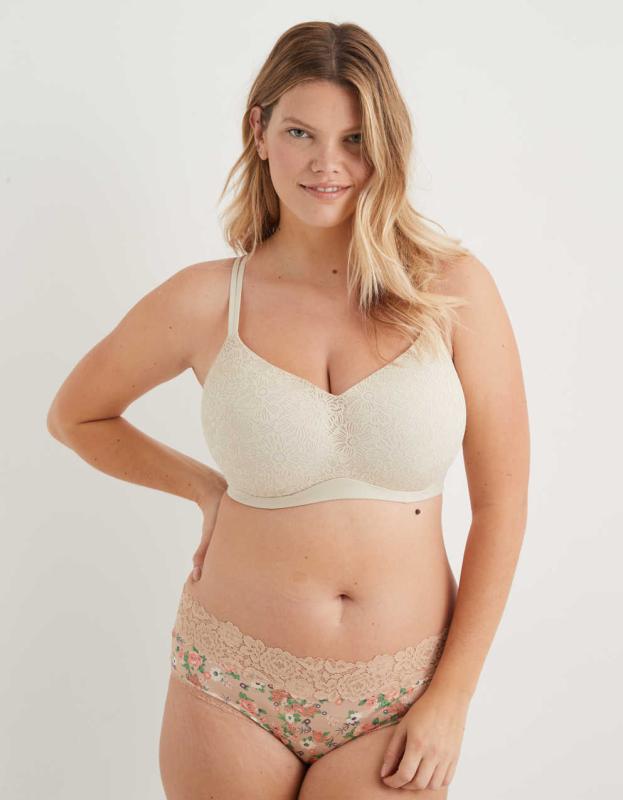 Aerie Real Sunnie Wireless Push Up Blossom Lace Bra - Soft Oat, 70C 