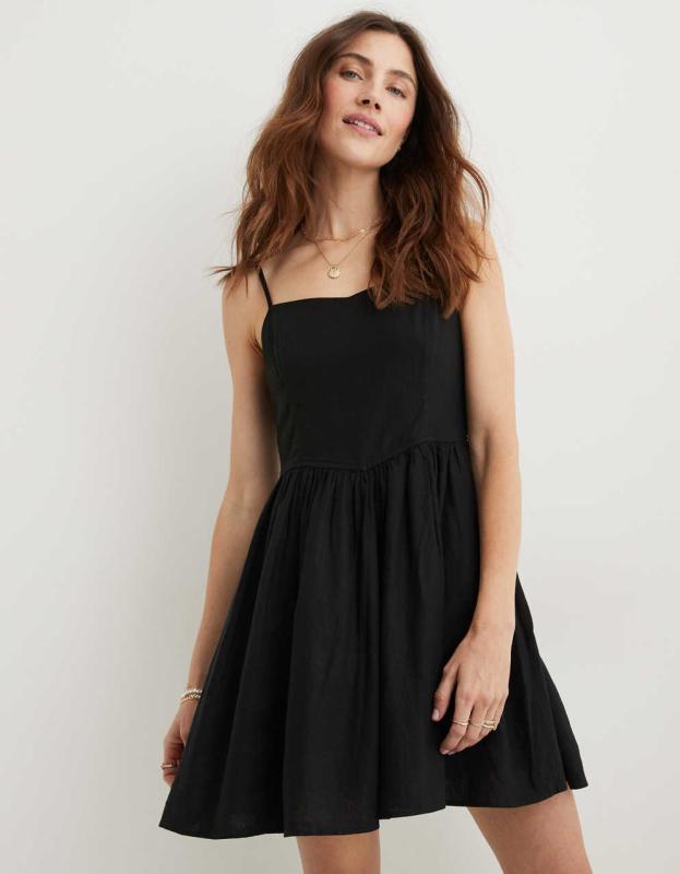 Aerie Love Of Linen Blend Mini Dress - True Black, XL 