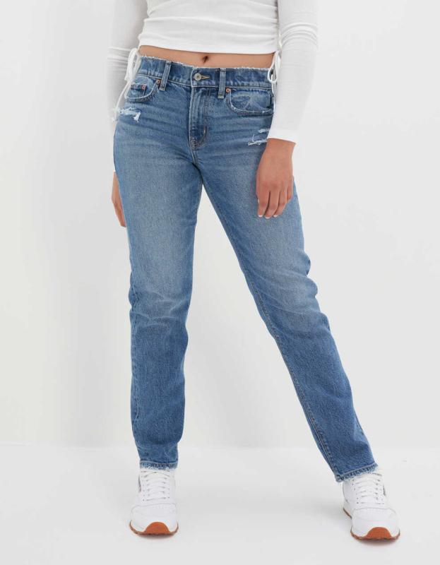 AE Stretch High-Waisted Straight Jean - Medium Bright Indigo, 00 