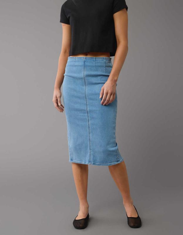 AE Next Level Highest Waist Denim Midi Skirt - Light Wash, 0 