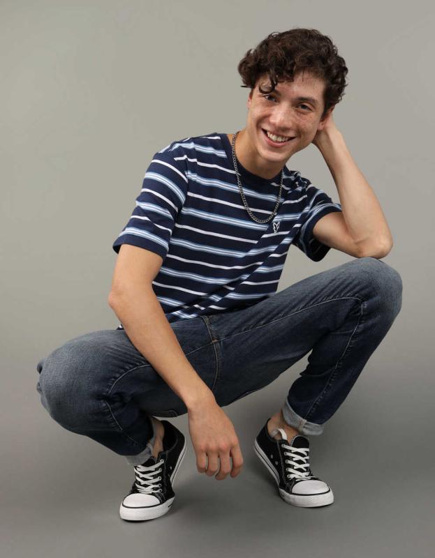 AE Flex Pique Striped T-Shirt - Navy, S 