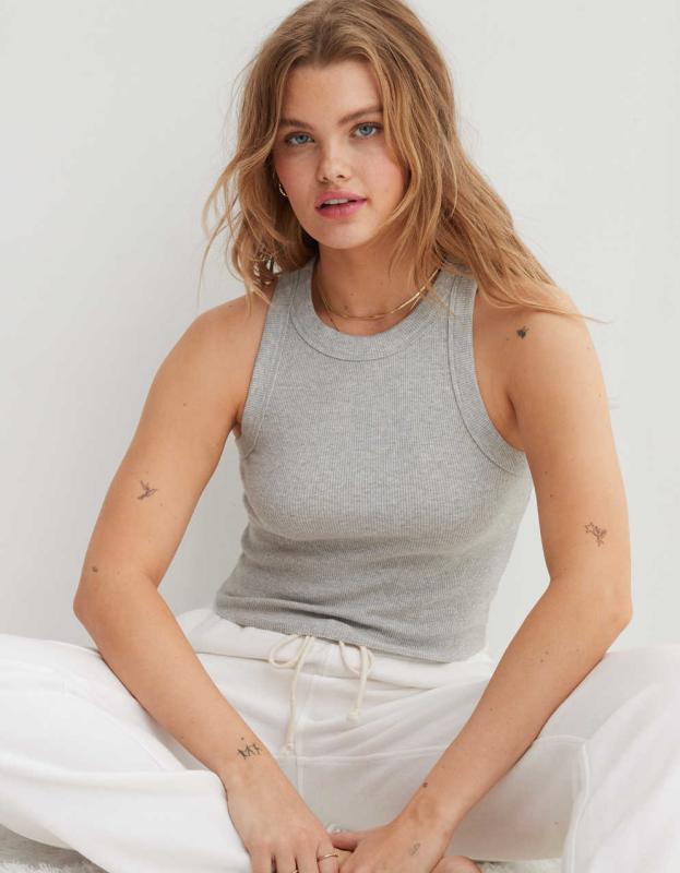 Aerie Free Spirit Ribbed Tank Top - Medium Heather Gray, S 
