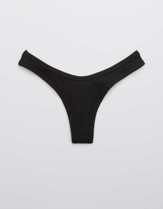 Superchill Ribbed Cotton Thong Underwear - True Black, XS 