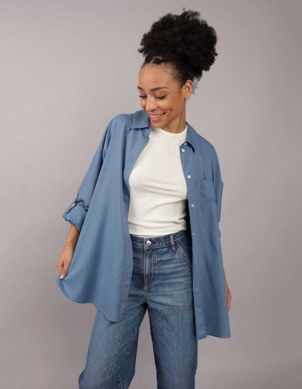 AE Go Big Oversized Shirt - Washed Blue, L 