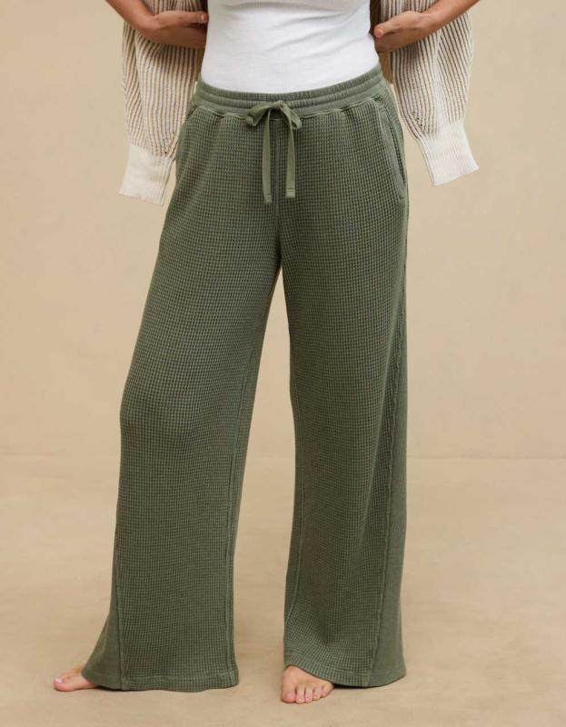 Aerie Waffle Wide Leg Skater Pant - Olive Fun, XXS 
