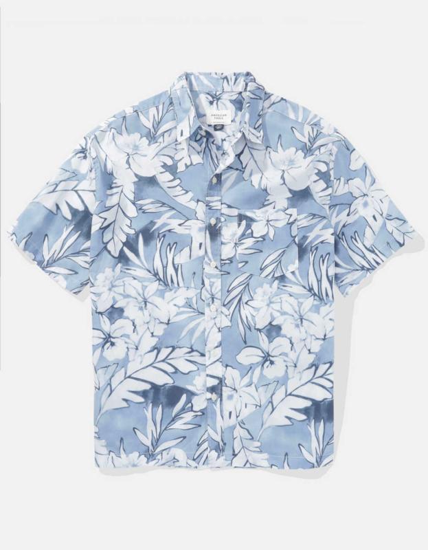 AE Floral Button-Up Poolside Shirt - Ice Blue, S 