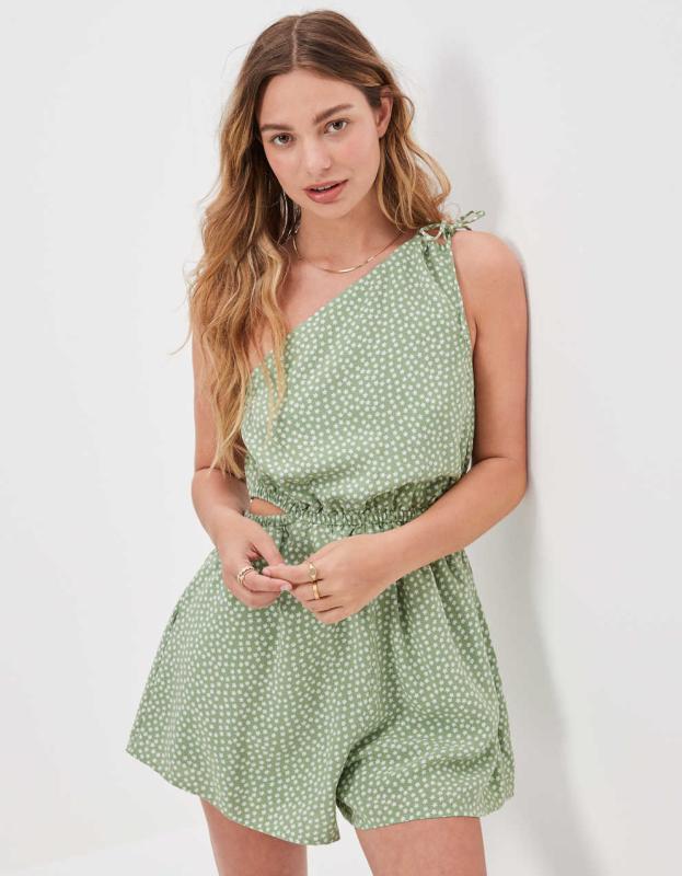 AE One-Shoulder Cut-Out Romper - Green, S 
