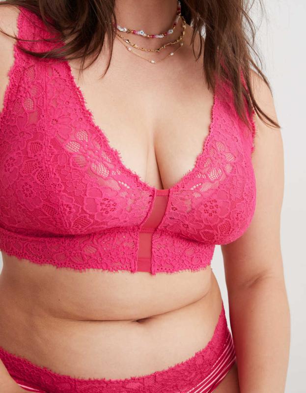 Show Off Eyelash Lace Padded Plunge Bralette - Fuchsia Pink, XS 