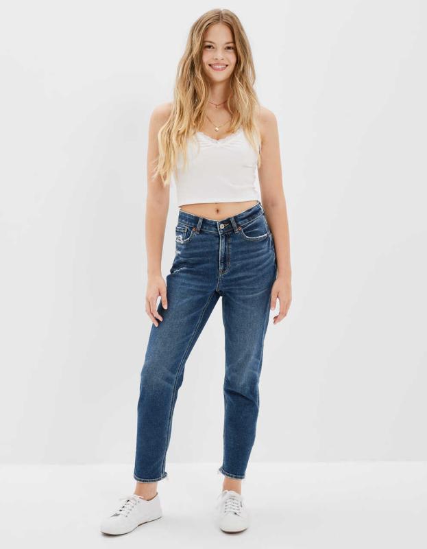 AE Stretch Ripped High V-Rise Mom Jean - Classic Medium, 2 