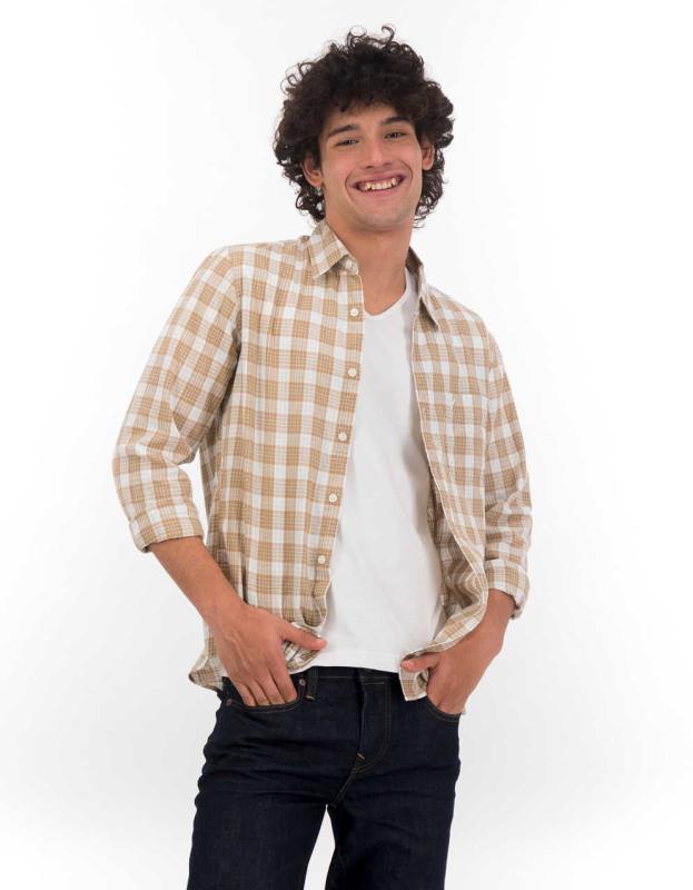 AE Plaid Slim Fit Button-Up Shirt - Tan, S 