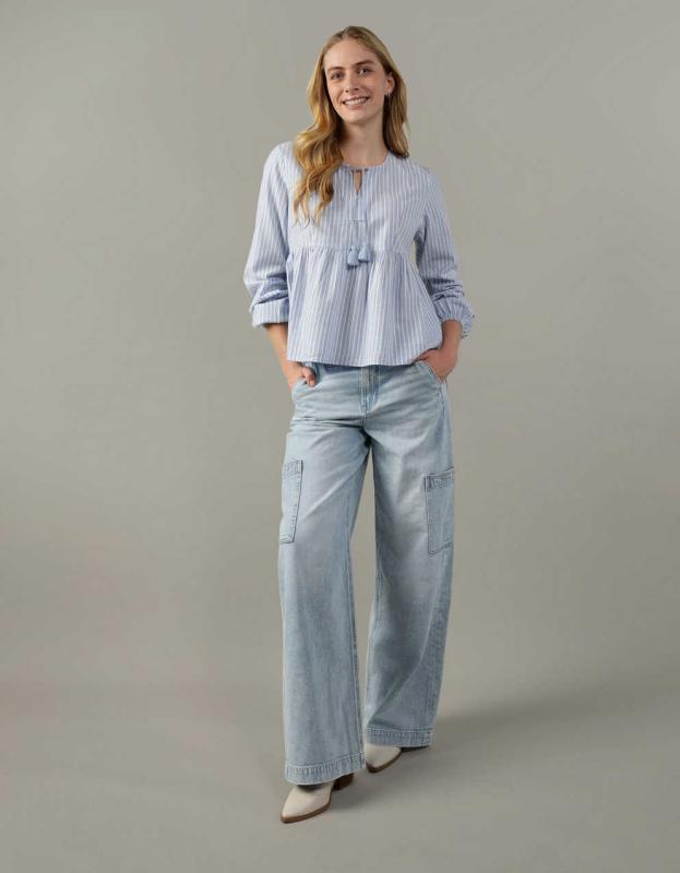 AE Tie-Front Long-Sleeve Peasant Top - Blue, XL 