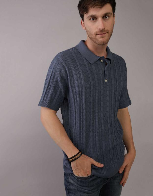 AE Textured Sweater Polo Shirt - Navy, XL 