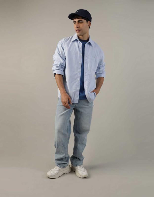 AE Oversized Button-Up Oxford Shirt - Blue, S 