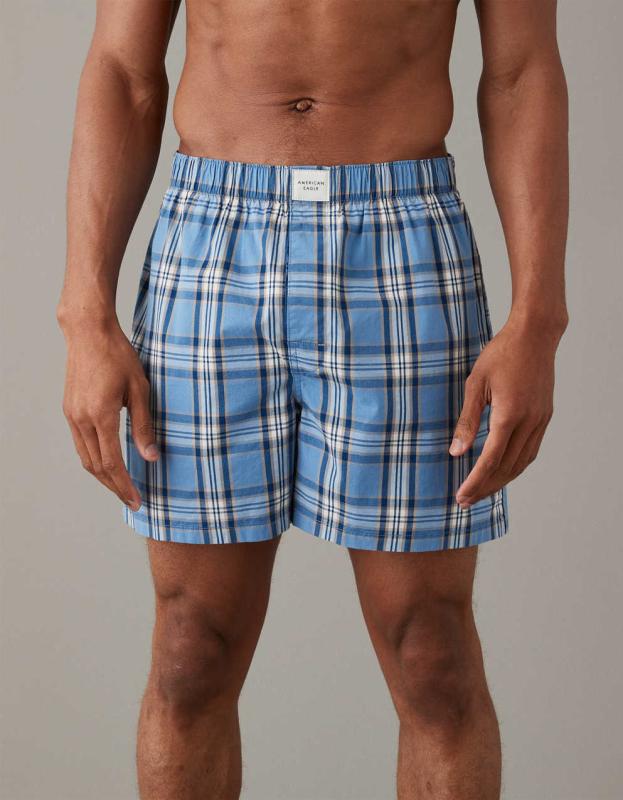 AEO Plaid Stretch Boxer Short - Blue, XS 