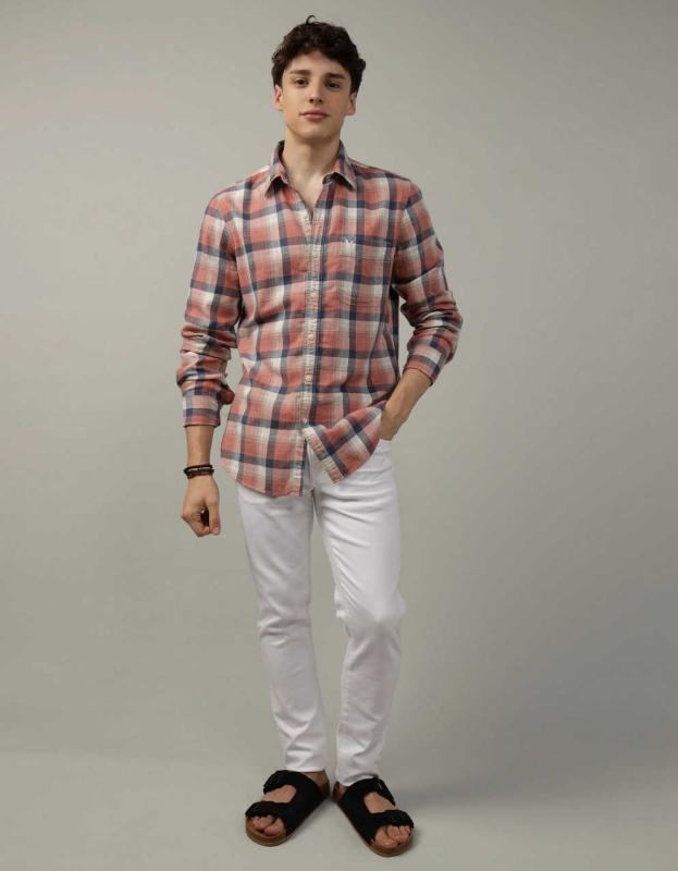 AE Slim Fit Everyday Button-Up Shirt - Rustic Red, L 