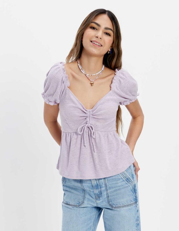 AE Puff-Sleeve Cinch-Front Tee - Lively Lilac, L 