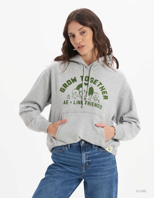 AE | LINE FRIENDS Graphic Hoodie - Heather Gray, XS 