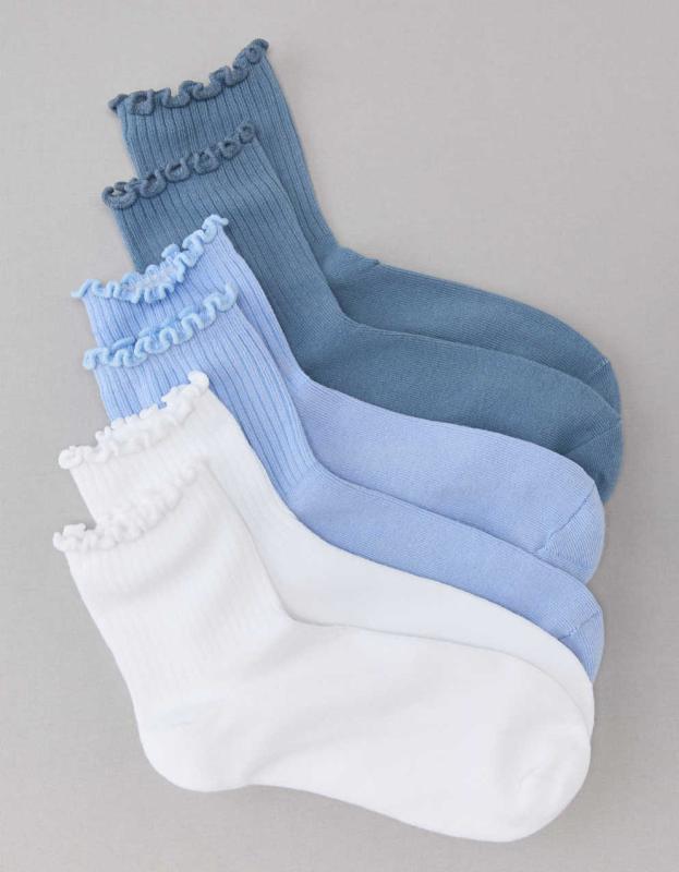 AE Ruffle Trim Boyfriend Socks 3-Pack - Blue, One Size 