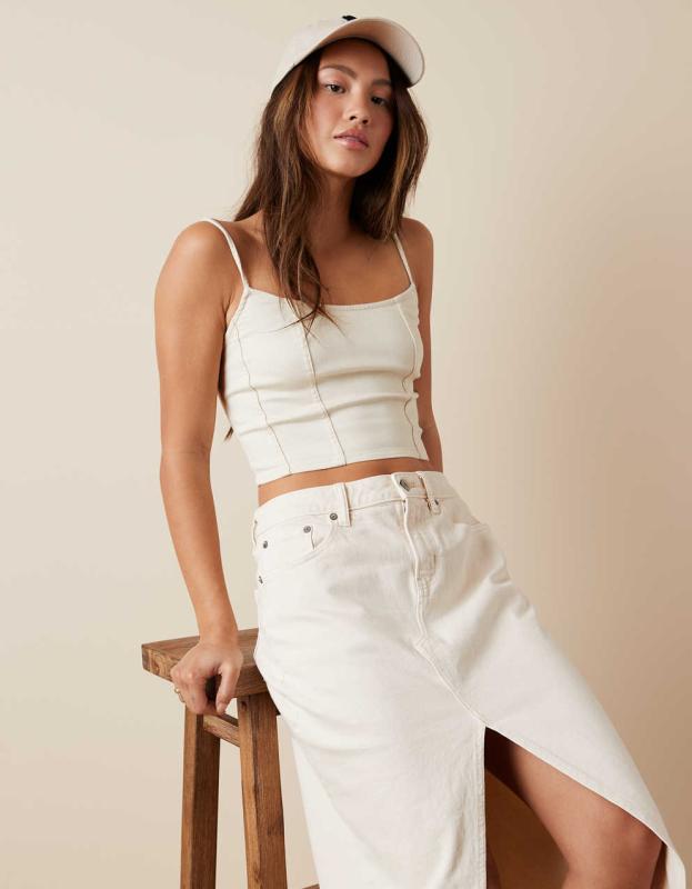 AE Cropped Denim Corset Tank Top - Cream, XXS 