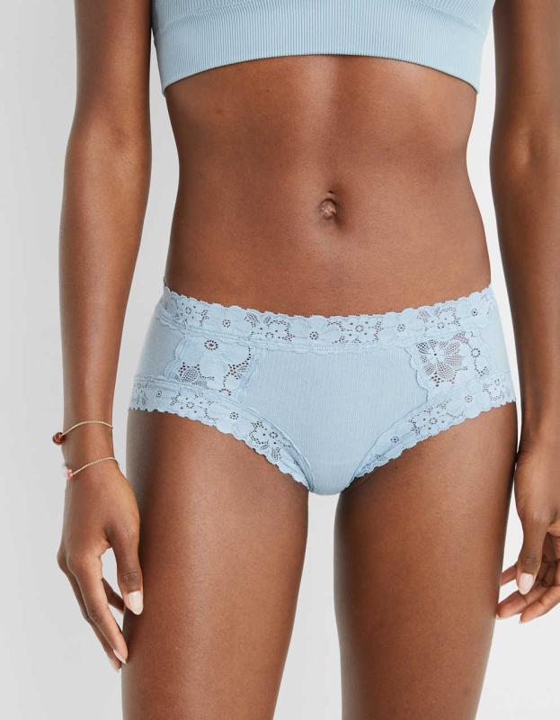 Aerie Ribbed Retro Lace Boybrief Underwear - Cloudy Blue, M 