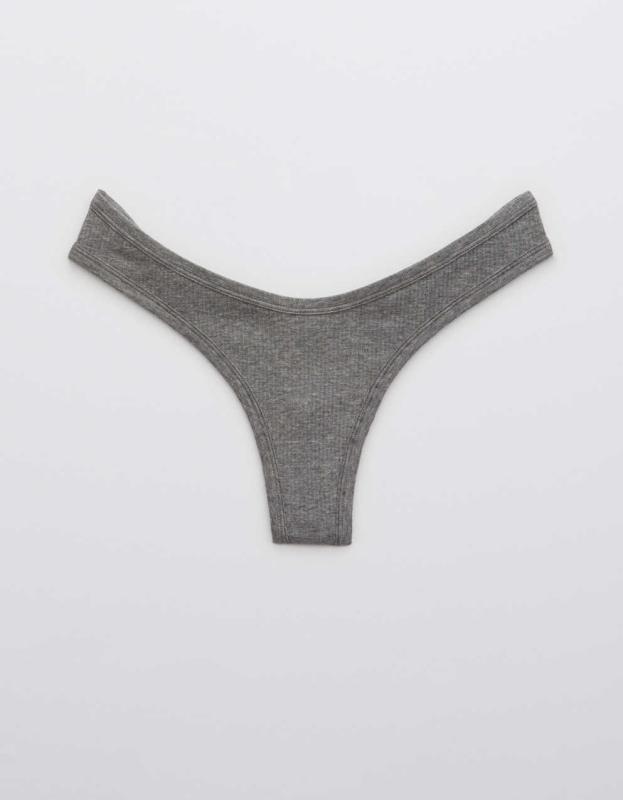 Aerie Ribbed Cotton High Cut Thong Underwear - Dark Heather Gray, XS 