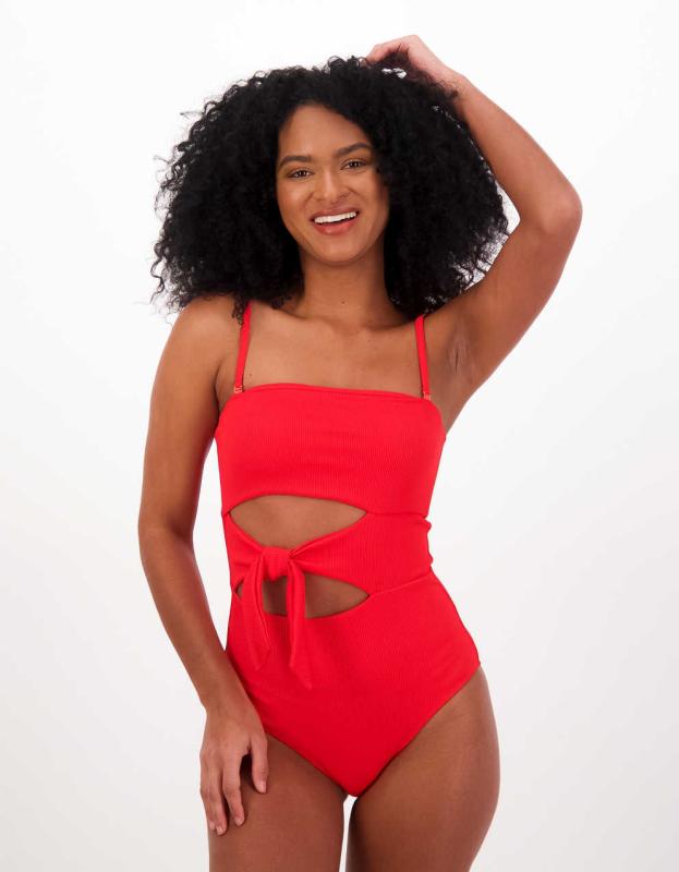 Aerie Ribbed Wrap Strapless One Piece Swimsuit - Chilly Red, XS 