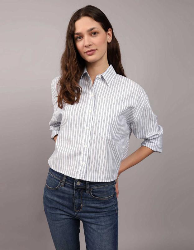 AE Long-Sleeve Crop Prep Shirt - Navy, L 